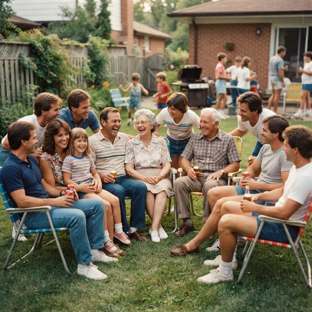 Vintage photo of an extended family gathered together in the backyard