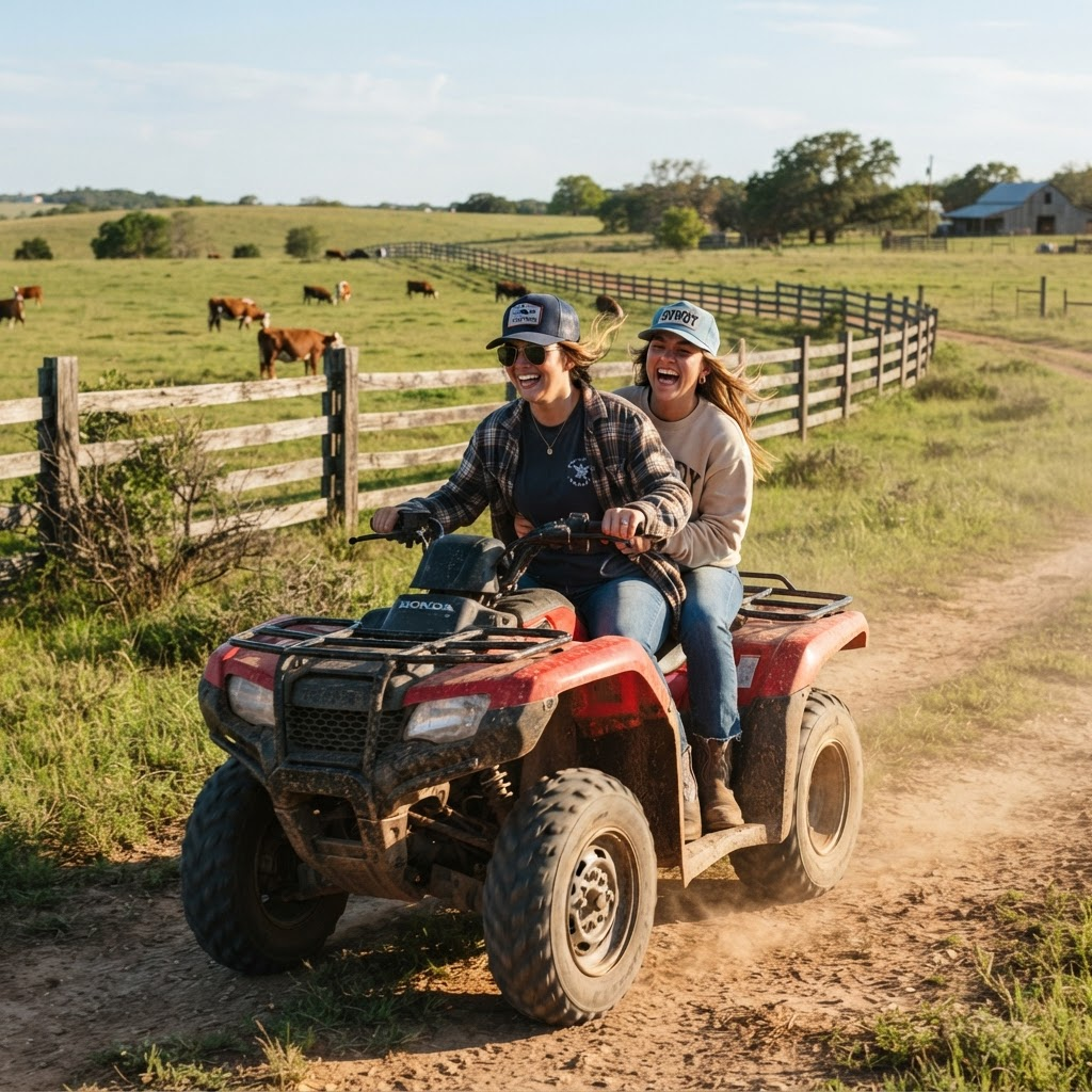 Two young women riding an ATV together on a ranch
