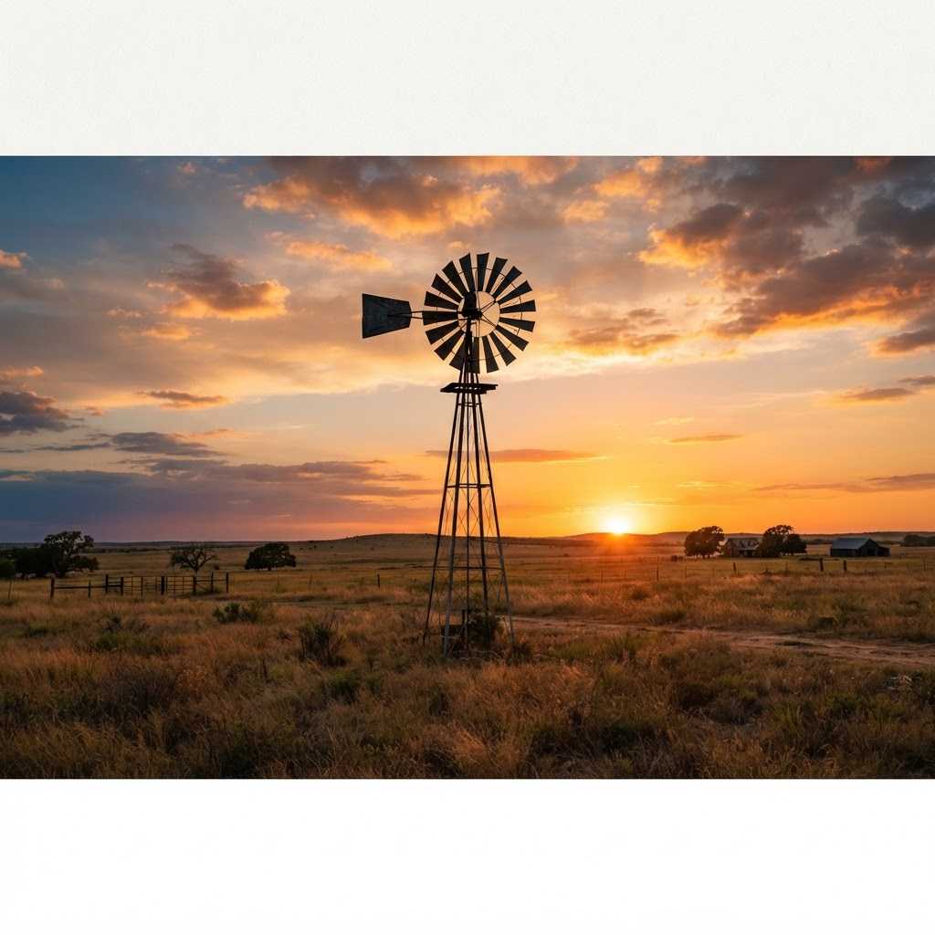 A farm windmill silhouetted against a Texas sunset